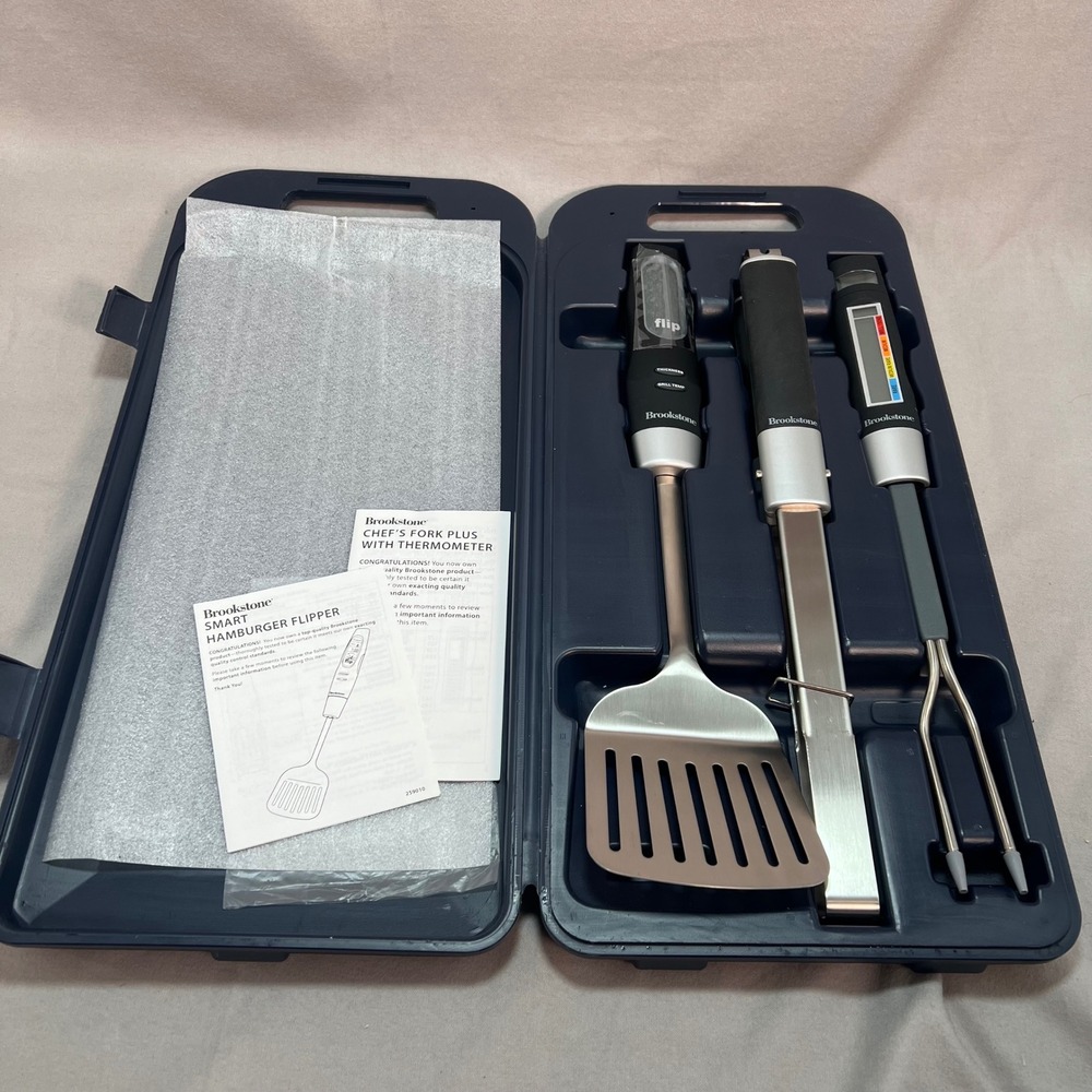 Brookstone BBQ Tool Set Grilling  Smart Tools Digital Tongs Thermometer Fipper